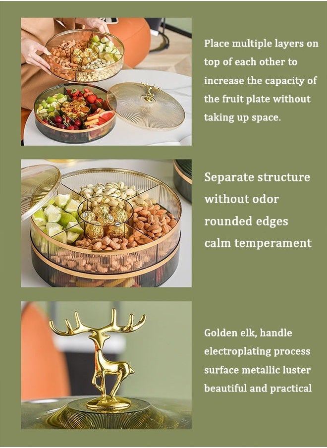 MLADEN - Nut And Candy Serving Tray With Lid Round Plastic Platters Food Storage Container With Elk Handle Candy Plates For Nuts Dried Fruit Snacks (Brown) - Image 1