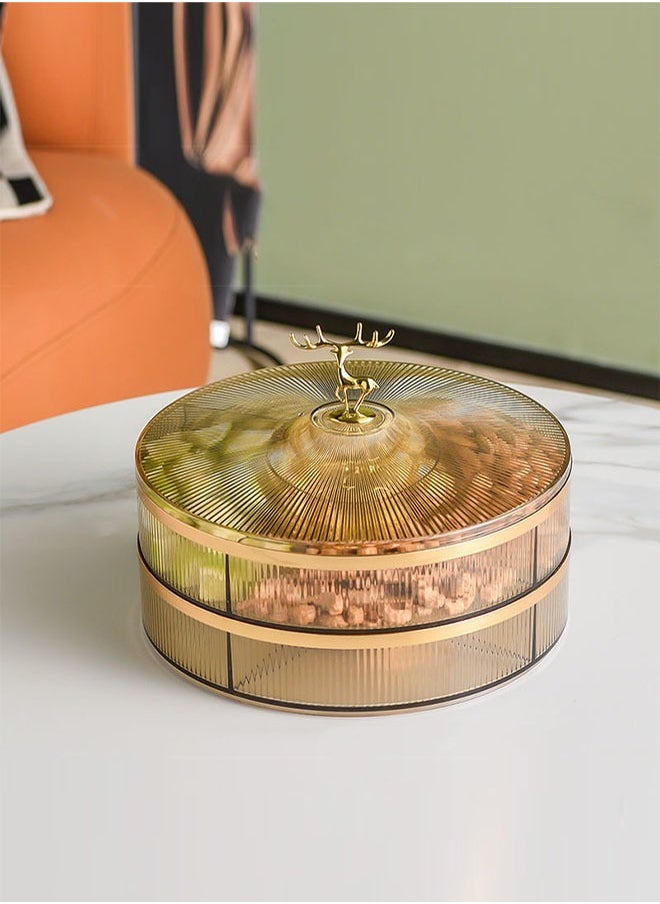 MLADEN - Nut And Candy Serving Tray With Lid Round Plastic Platters Food Storage Container With Elk Handle Candy Plates For Nuts Dried Fruit Snacks (Brown) - Image 1