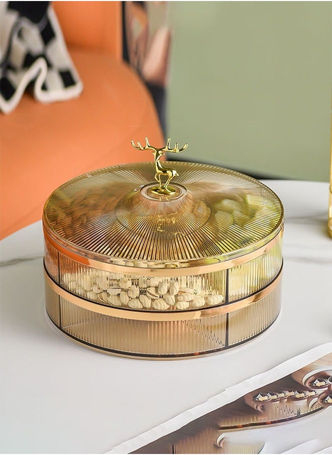 MLADEN - Nut And Candy Serving Tray With Lid Round Plastic Platters Food Storage Container With Elk Handle Candy Plates For Nuts Dried Fruit Snacks (Brown) - Image 1