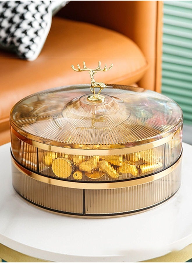 MLADEN - Nut And Candy Serving Tray With Lid Round Plastic Platters Food Storage Container With Elk Handle Candy Plates For Nuts Dried Fruit Snacks (Brown) - Image 1