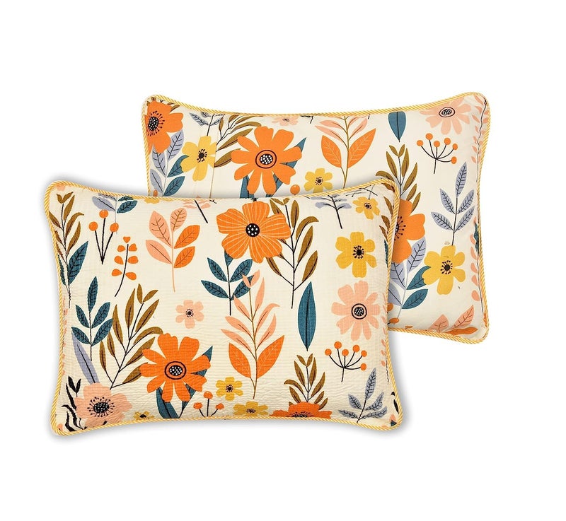 RRC Quilted Floral Print Cotton Pillow Covers Set of 217X27Inches 220 GSM Soft Cotton Quilted Pillow Cover Protector Zippered Closure - Image 1