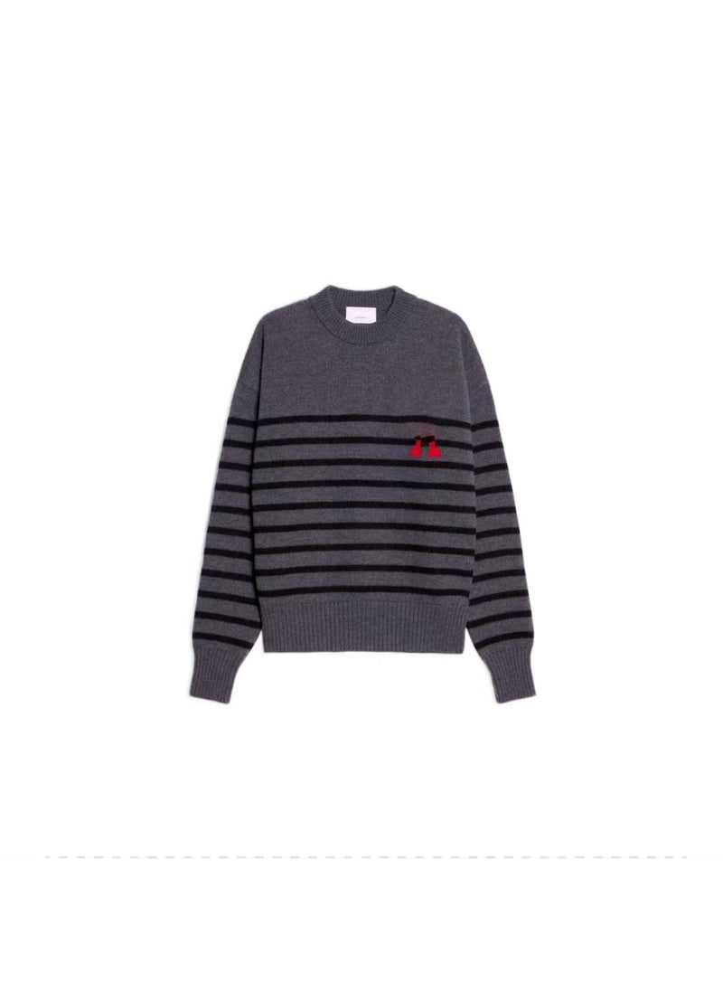 Generic - Thickened Heavyweight Big Heart Love Knitted Sweater Loose Striped Couples round Neck Pullover Cotton Blend Casual Winter Dark gray - Image 1