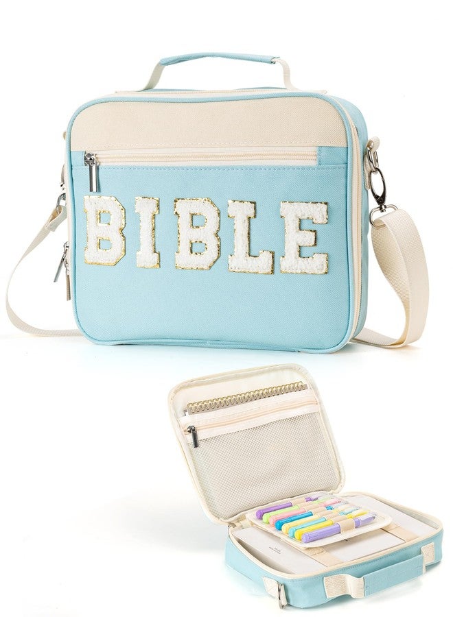 PLOZANO Bible Cover Case for Women, Large Chenille Letter Bible Bag with Shoulder Strap,Blue Bible Carrying Tote Bags for Bible Study Accessories, Gift for Women Lady Teen Grils (Blue) - Image 1