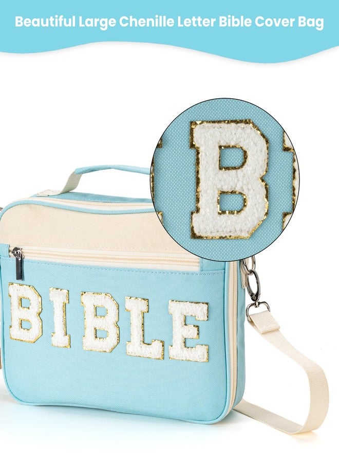 PLOZANO Bible Cover Case for Women, Large Chenille Letter Bible Bag with Shoulder Strap,Blue Bible Carrying Tote Bags for Bible Study Accessories, Gift for Women Lady Teen Grils (Blue) - Image 3