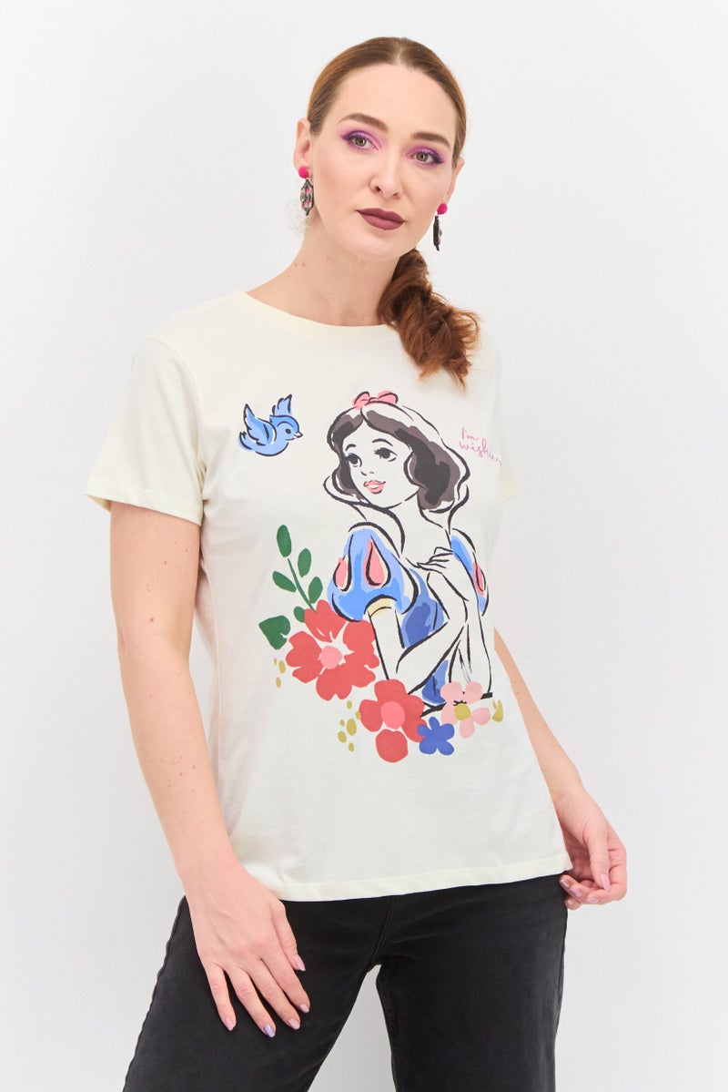 Disney Princess Women Round Neck Short Sleeves Snow White Print T-Shirt, Cream - Image 1