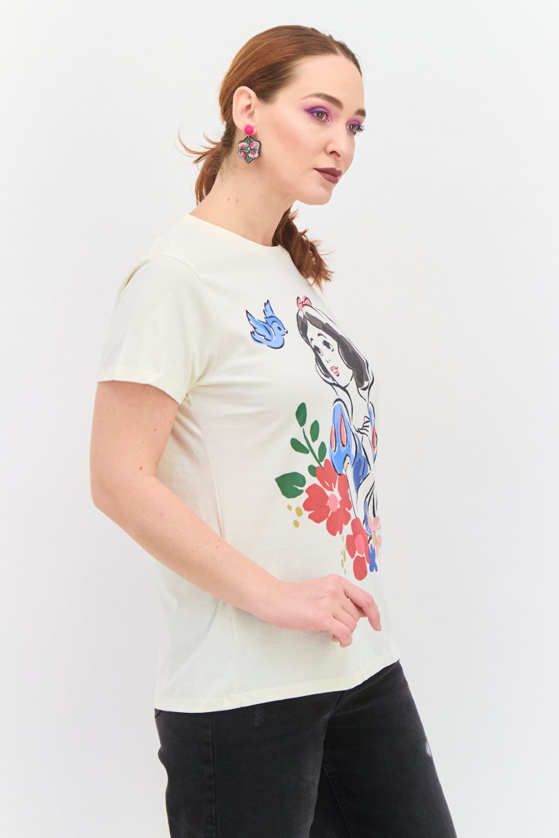 Disney Princess Women Round Neck Short Sleeves Snow White Print T-Shirt, Cream - Image 4