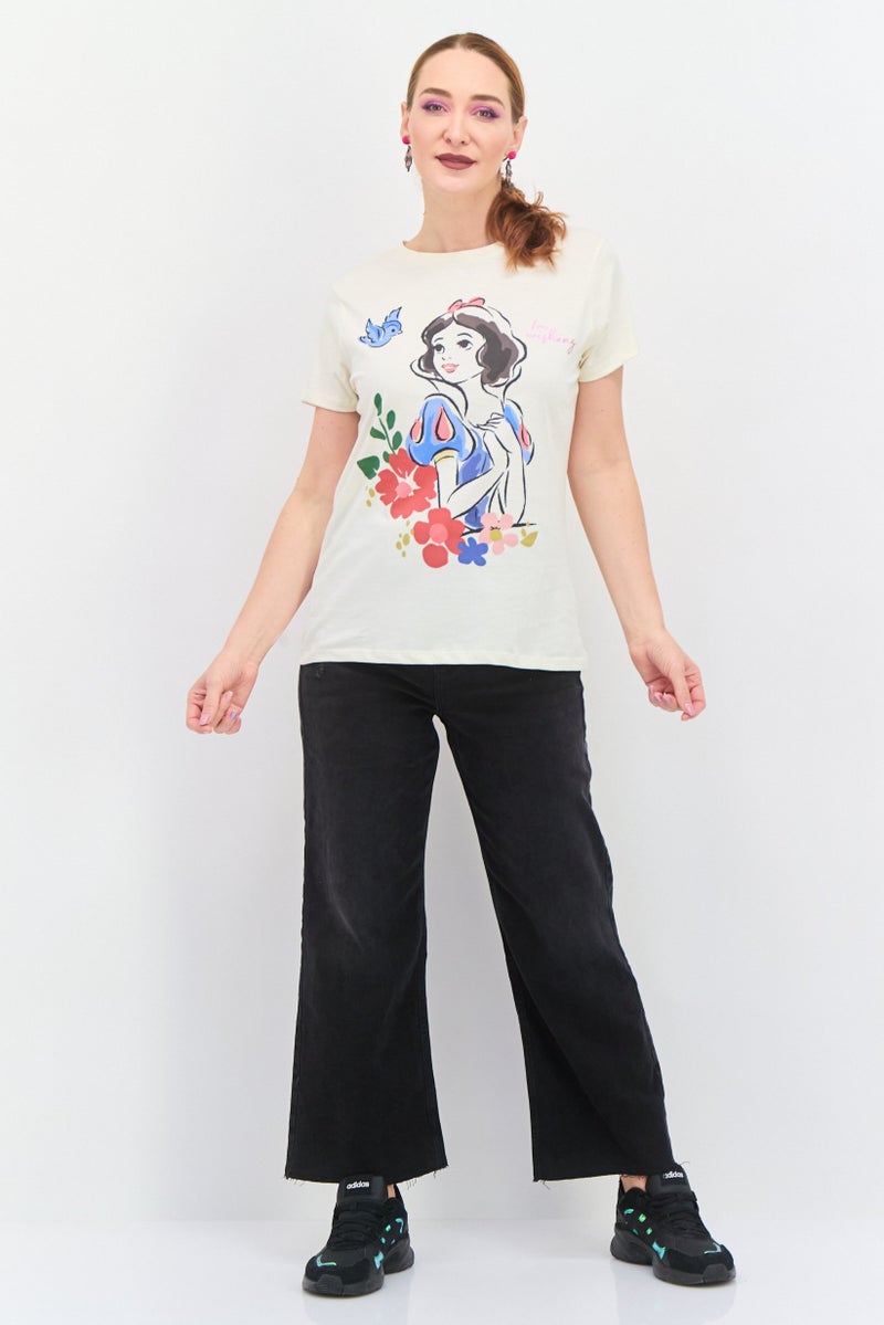 Disney Princess Women Round Neck Short Sleeves Snow White Print T-Shirt, Cream - Image 2