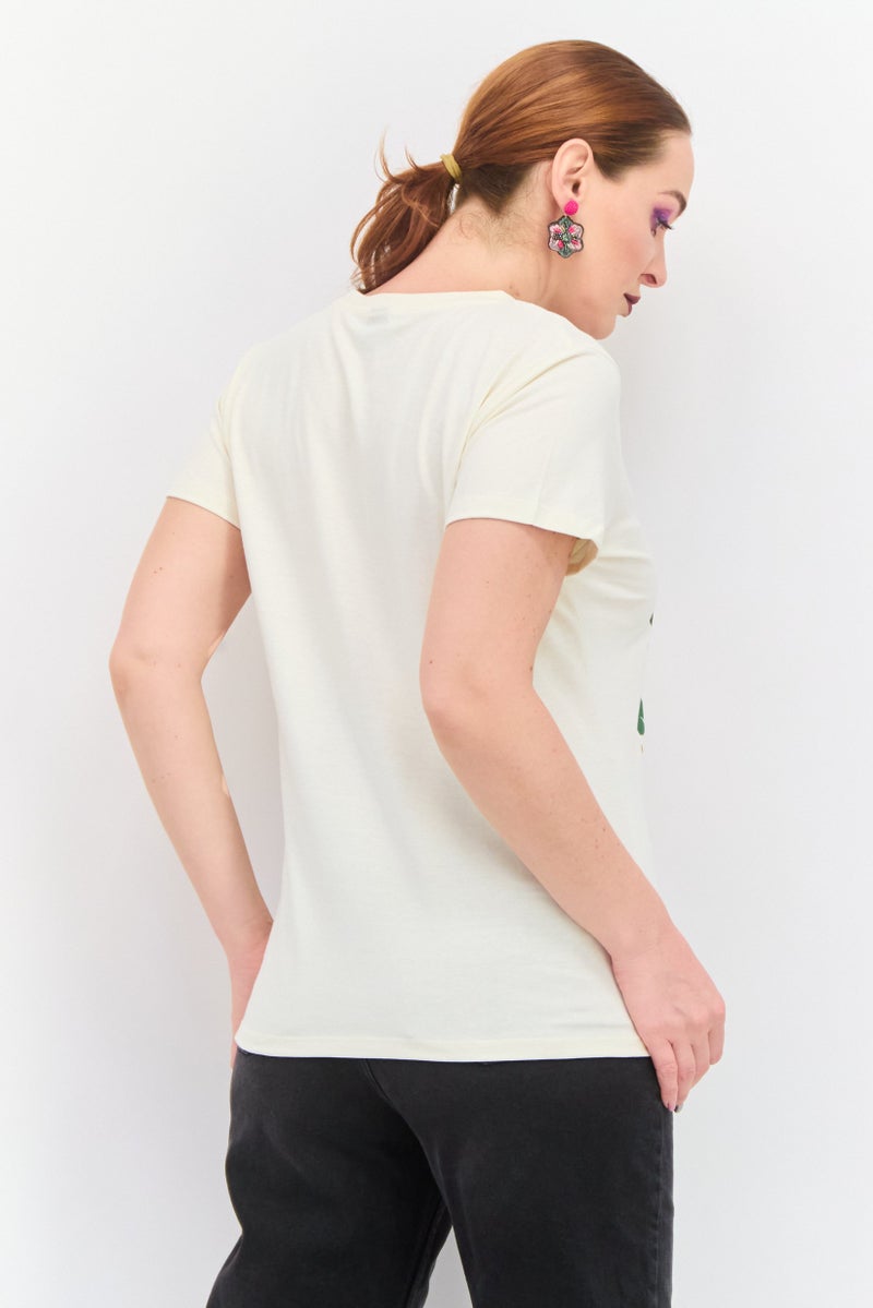 Disney Princess Women Round Neck Short Sleeves Snow White Print T-Shirt, Cream - Image 3