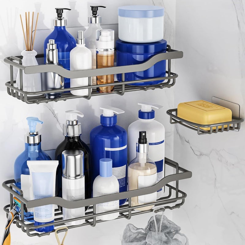 OMAIRA Adhesive Shower Caddy Organizer Rack Storage with Soap Holder, 3-Pack Rustproof No Drilling Shelves for Inside Bathroom, Kitchen, Countertop, Rv, Grey(X-Large) - Image 1