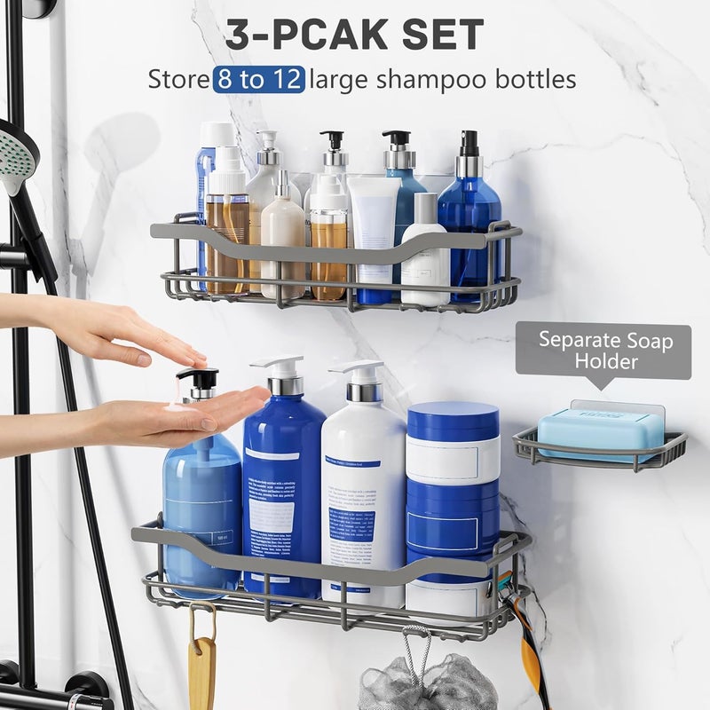 OMAIRA Adhesive Shower Caddy Organizer Rack Storage with Soap Holder, 3-Pack Rustproof No Drilling Shelves for Inside Bathroom, Kitchen, Countertop, Rv, Grey(X-Large) - Image 4