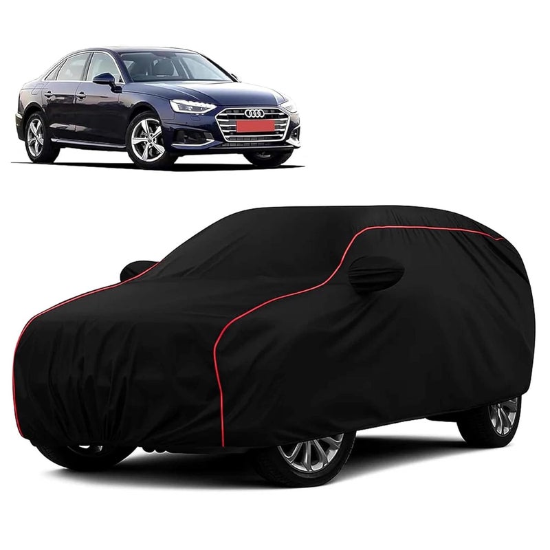 sulfar 100% Water Resistant Car Body Cover Compatible with Mirror for Audi A4 (Triple Stitched, Full Bottom Elastic, Black with Red Piping) - Image 1