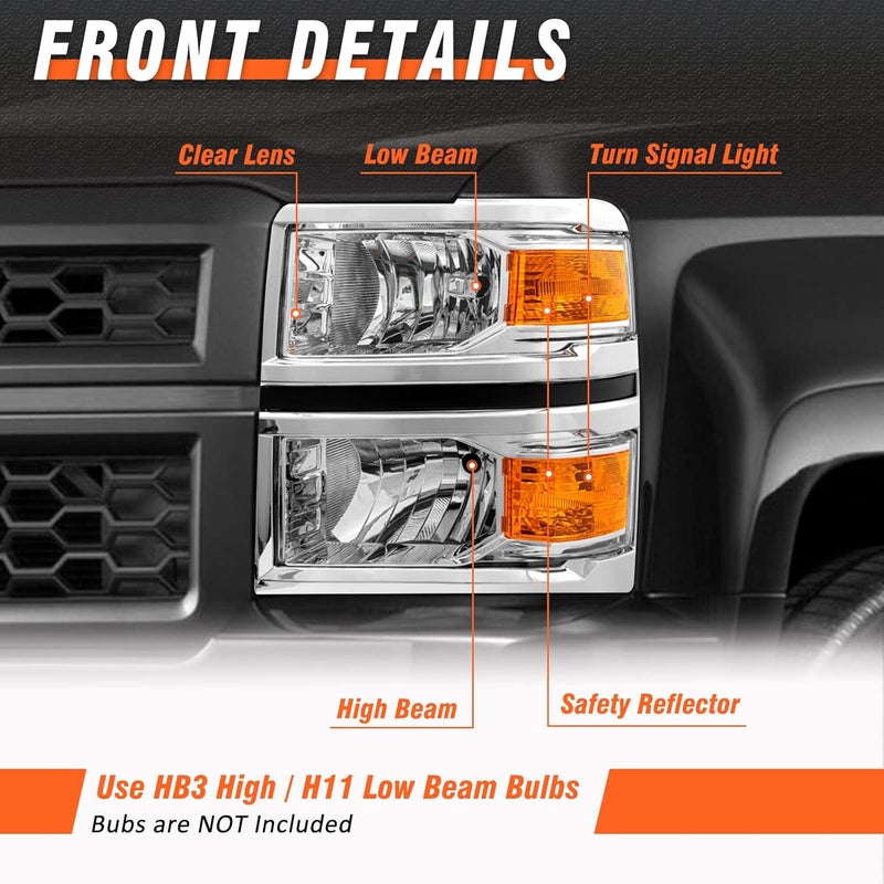 AXLAHA Headlight Assembly for 2014-2015 Chevy Silverado 1500 - Halogen Chrome Housing Replacement Pair - Image 3