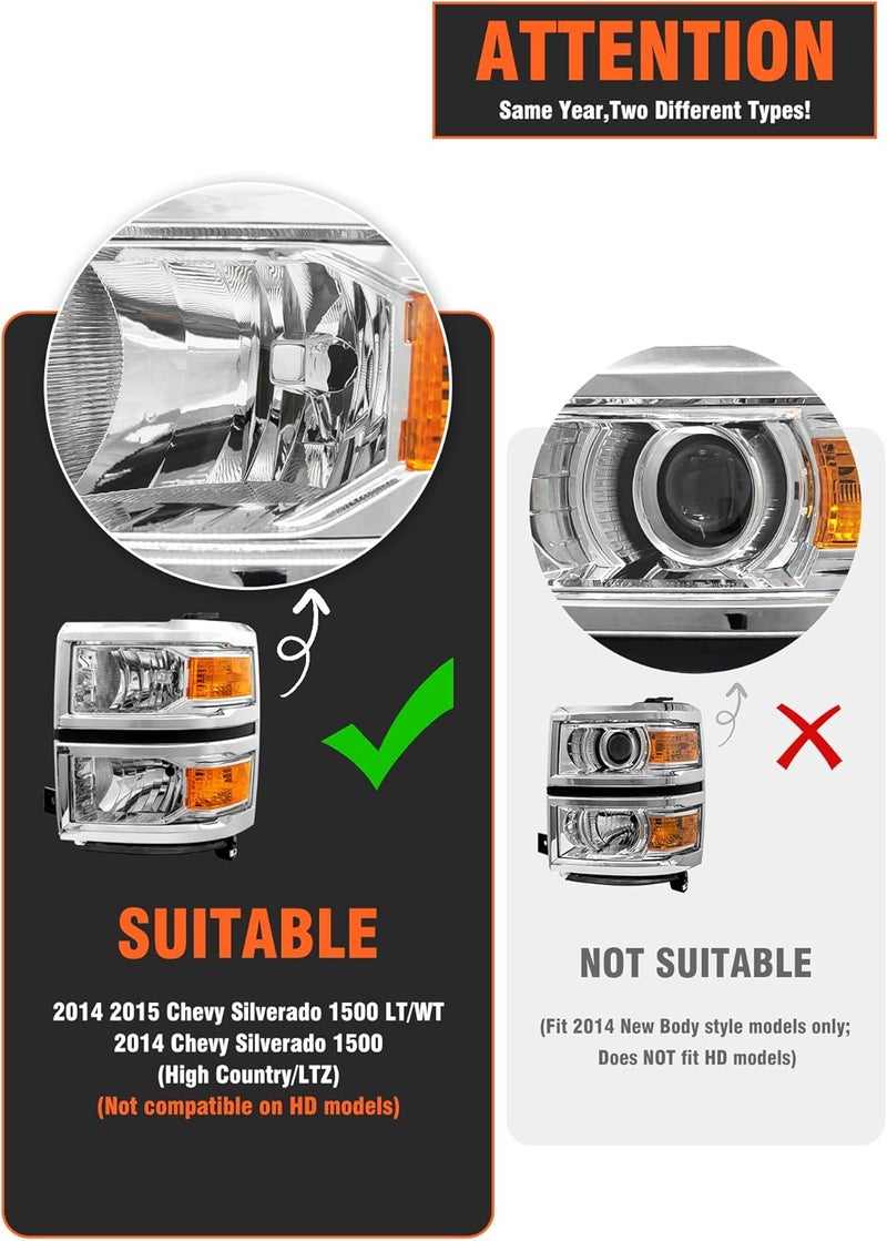 AXLAHA Headlight Assembly for 2014-2015 Chevy Silverado 1500 - Halogen Chrome Housing Replacement Pair - Image 2