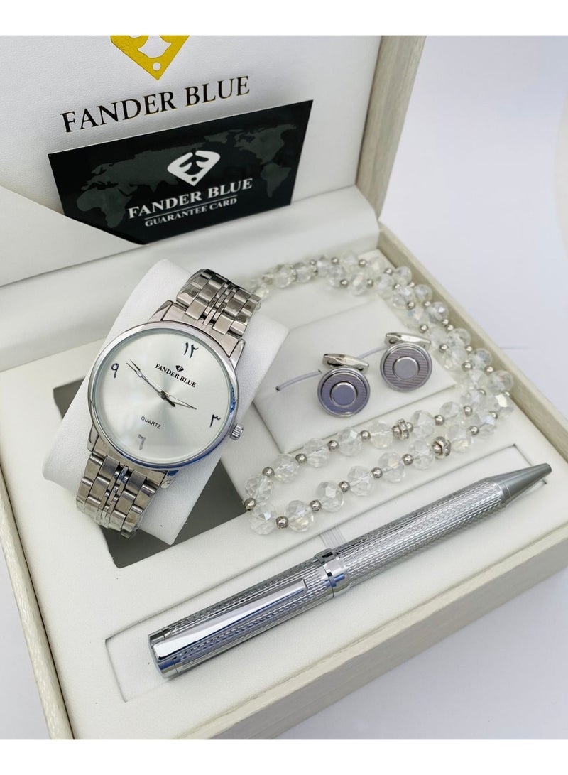 FANDER BLUE Men's set from Fander blue, consisting of four pieces: a watch, a pen, cufflinks, and a rosary.