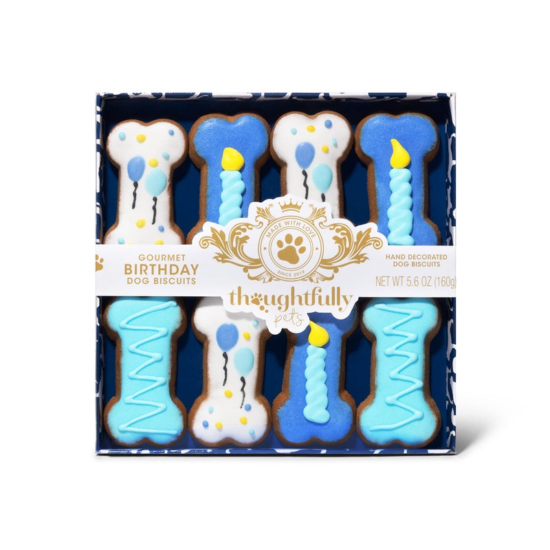 Thoughtfully Pets, Blue Dog Birthday Cookie Gift Set, Hand Decorated Crunchy Dog Treats in Bone Shapes, Great for Birthdays, Set of 8 - Image 1