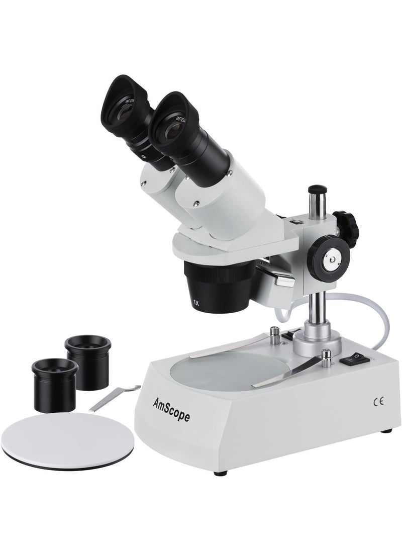 AmScope AmScope SE305RPZ Forward Binocular Stereo Microscope WF10x and WF20x Eyepieces 10X60X Magnification 1X and 3X Objectives Upper and Lower Halogen Light Source Pillar Stand 120V  White  - Image 1