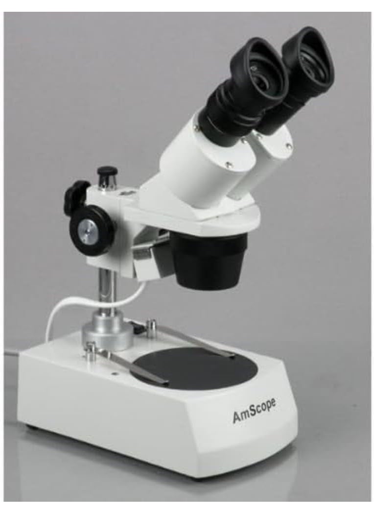 AmScope AmScope SE305RPZ Forward Binocular Stereo Microscope WF10x and WF20x Eyepieces 10X60X Magnification 1X and 3X Objectives Upper and Lower Halogen Light Source Pillar Stand 120V  White  - Image 3
