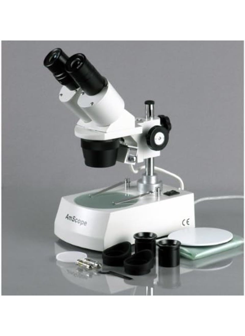 AmScope AmScope SE305RPZ Forward Binocular Stereo Microscope WF10x and WF20x Eyepieces 10X60X Magnification 1X and 3X Objectives Upper and Lower Halogen Light Source Pillar Stand 120V  White  - Image 4