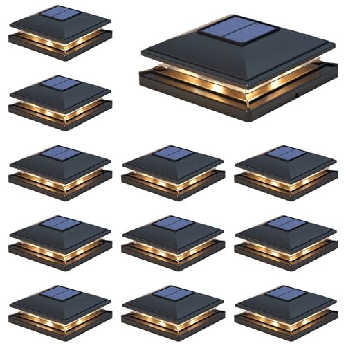 APONUO 12 Pack Fence Post Solar Lights, 2 Modes(Warm/Cool Light) Outdoor Waterproof 4x4 Post Solar Lights, Solar Powered Garden, Patio, Deck Decor for 4x4, 5x5, 5.5x5.5 Wood & Vinyl Posts, Black - Image 1