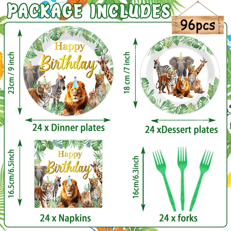 CHUNNIN 96Pcs Jungle Animals Plates and Napkins Safari Happy Birthday Party Decorations Zoo Party Dessert Plates Wild Animals Lion Tiger Theme Tableware for 24 Guests Men Woman Adults Birthday Supplies - Image 2