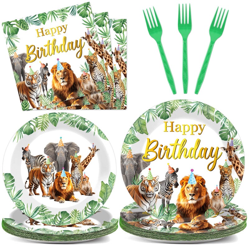 CHUNNIN 96Pcs Jungle Animals Plates and Napkins Safari Happy Birthday Party Decorations Zoo Party Dessert Plates Wild Animals Lion Tiger Theme Tableware for 24 Guests Men Woman Adults Birthday Supplies - Image 1