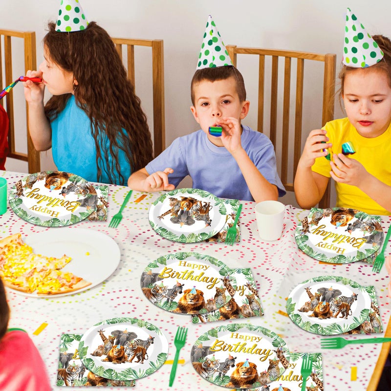 CHUNNIN 96Pcs Jungle Animals Plates and Napkins Safari Happy Birthday Party Decorations Zoo Party Dessert Plates Wild Animals Lion Tiger Theme Tableware for 24 Guests Men Woman Adults Birthday Supplies - Image 5