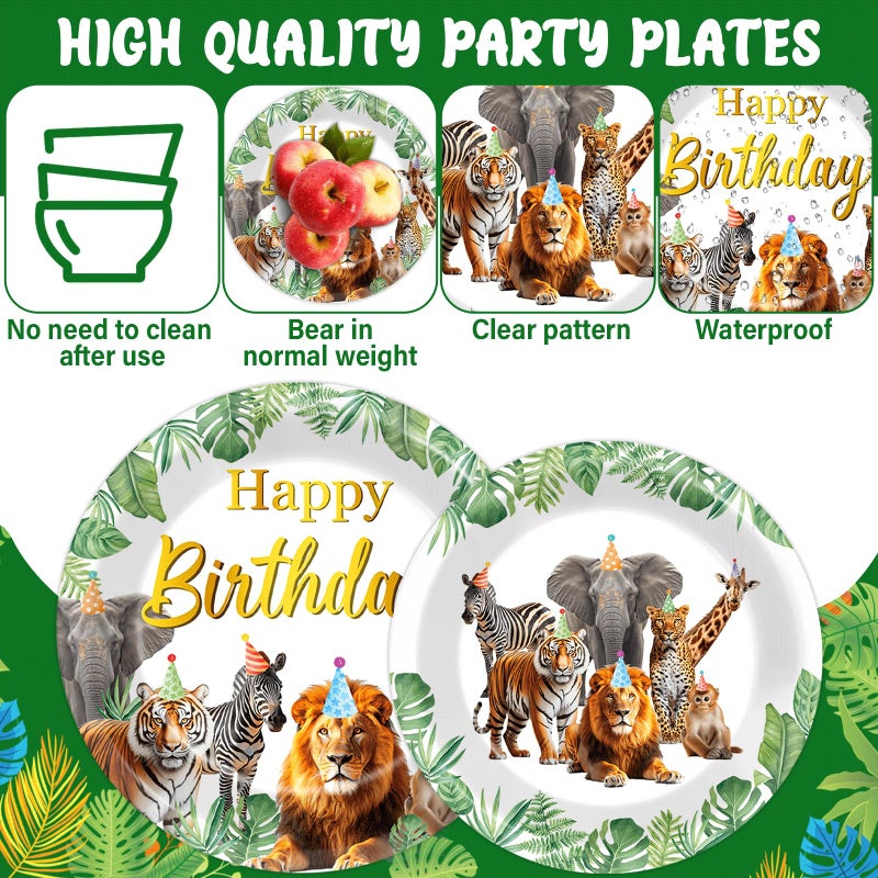 CHUNNIN 96Pcs Jungle Animals Plates and Napkins Safari Happy Birthday Party Decorations Zoo Party Dessert Plates Wild Animals Lion Tiger Theme Tableware for 24 Guests Men Woman Adults Birthday Supplies - Image 3