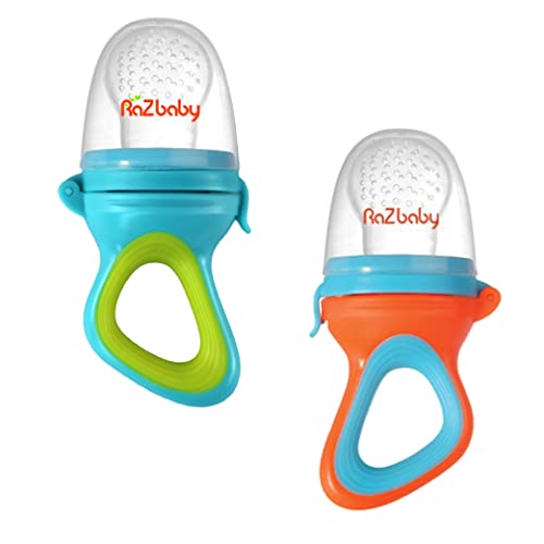 RaZbaby Baby Solids/Frozen Fruit Feeder Pacifier, Infant Teether Toy 6M+, BPA-Free, Safely Introduce Solids, Natural Teething Relief, Dishwasher Safe, Freezable – Blue & Orange 2-Pack - Image 1
