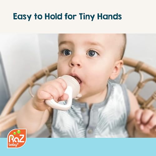 RaZbaby Baby Solids/Frozen Fruit Feeder Pacifier, Infant Teether Toy 6M+, BPA-Free, Safely Introduce Solids, Natural Teething Relief, Dishwasher Safe, Freezable – Blue & Orange 2-Pack - Image 4