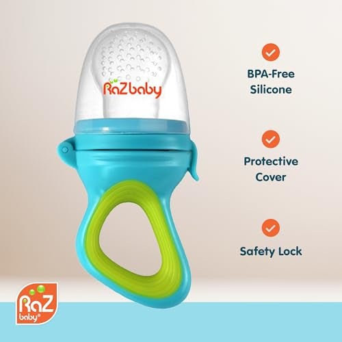 RaZbaby Baby Solids/Frozen Fruit Feeder Pacifier, Infant Teether Toy 6M+, BPA-Free, Safely Introduce Solids, Natural Teething Relief, Dishwasher Safe, Freezable – Blue & Orange 2-Pack - Image 5
