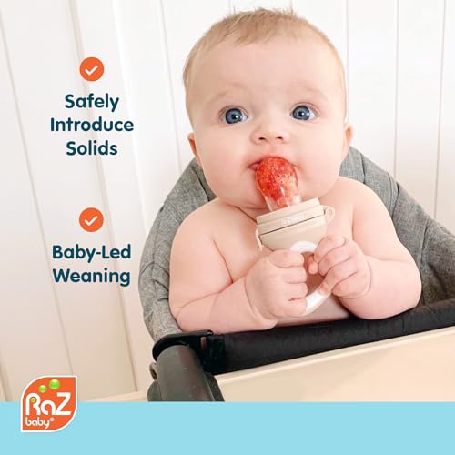 RaZbaby Baby Solids/Frozen Fruit Feeder Pacifier, Infant Teether Toy 6M+, BPA-Free, Safely Introduce Solids, Natural Teething Relief, Dishwasher Safe, Freezable – Blue & Orange 2-Pack - Image 2