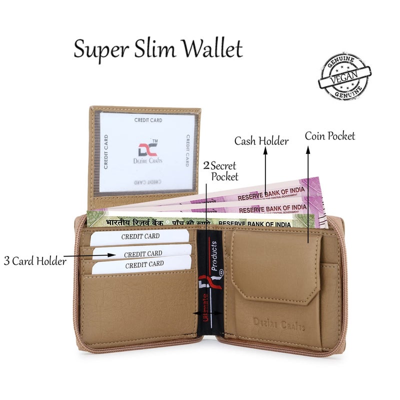 Dezire Crafts Men Formal, Casual Round Zip Artificial Leather Wallet (6 Card Slots) (Beige) - Image 5