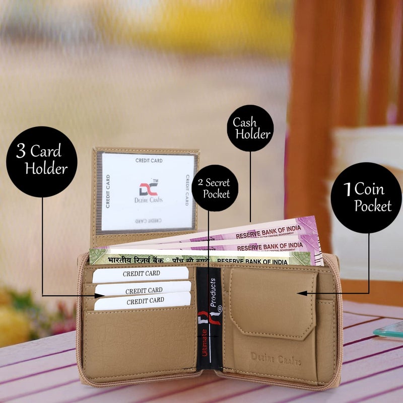 Dezire Crafts Men Formal, Casual Round Zip Artificial Leather Wallet (6 Card Slots) (Beige) - Image 2