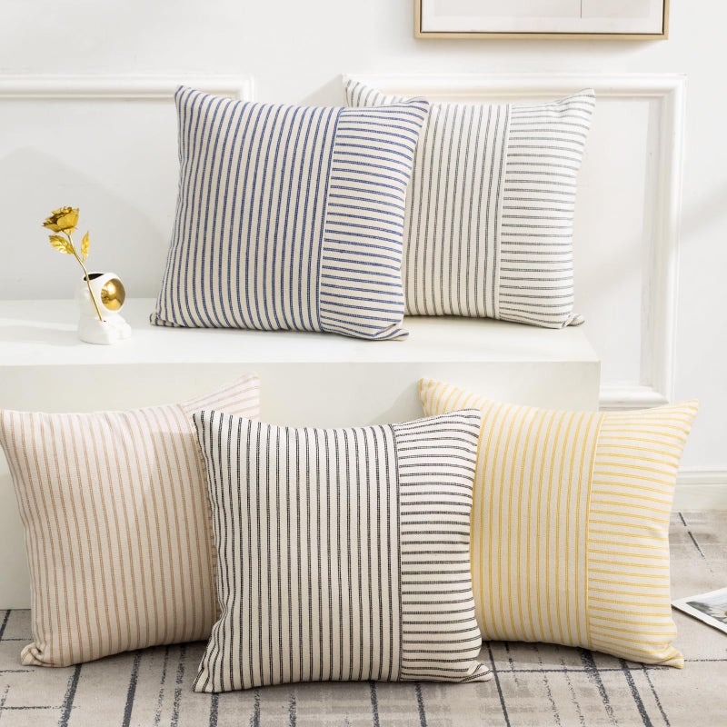 YCOLL Farmhouse Pillow Covers 18x18, Modern Accent Square Throw Pillow Covers Set of 2, Gray and Beige Striped Patchwork Linen Decorative Pillows Cushion Covers for Couch Chair Bedroom Home Decor - Image 4