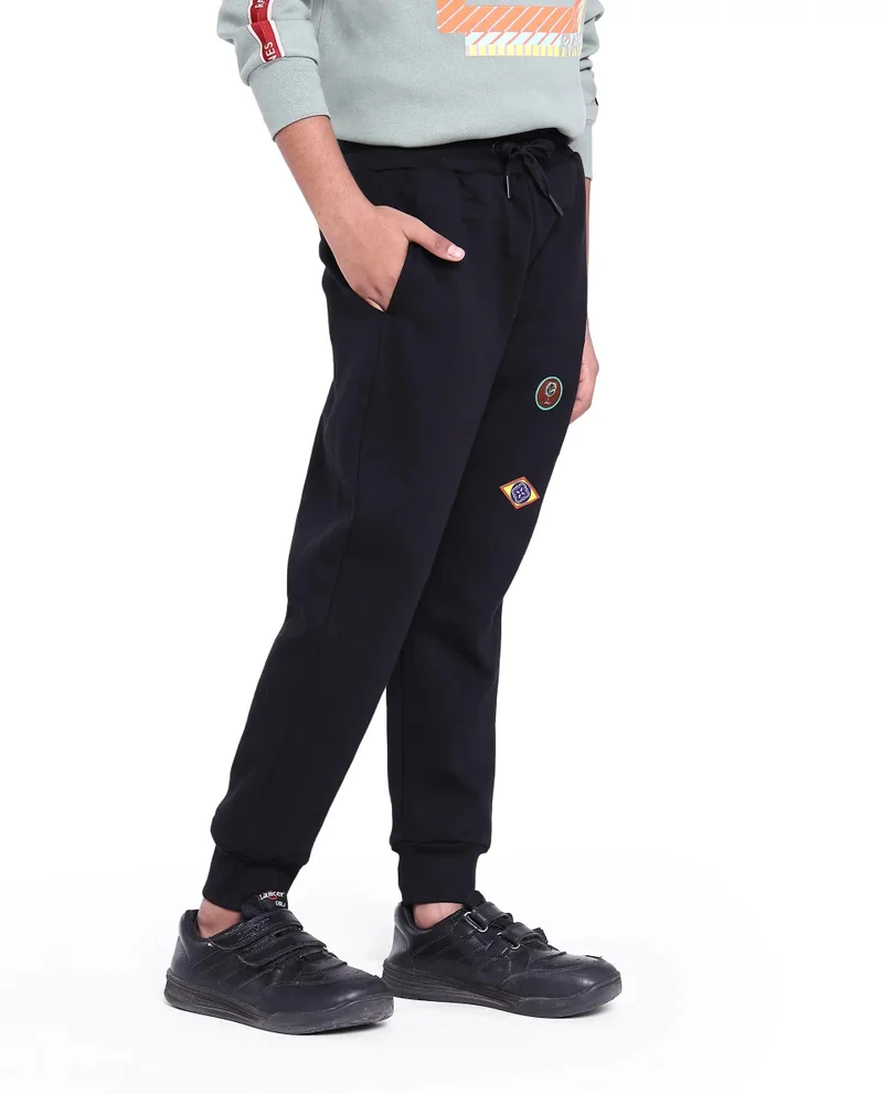 Rare Ones Rare Ones Kids Karo Black Cotton Poly Drawstring Applique Trackpant