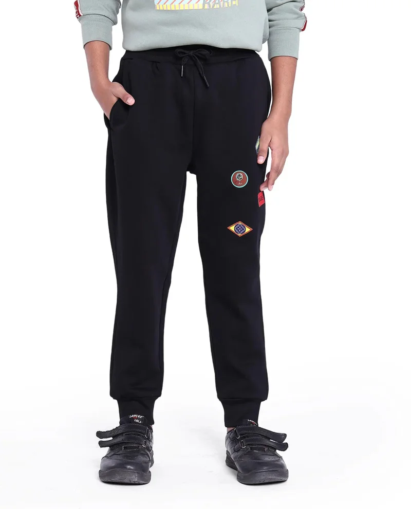 Rare Ones Rare Ones Kids Karo Black Cotton Poly Drawstring Applique Trackpant