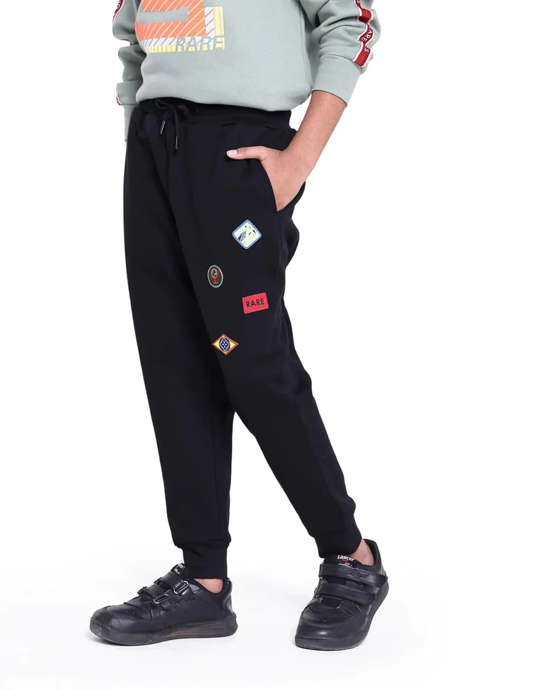 Rare Ones Rare Ones Kids Karo Black Cotton Poly Drawstring Applique Trackpant