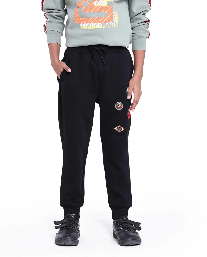 رير ونز Rare Ones Kids Karo Black Cotton Poly Drawstring Applique Trackpant