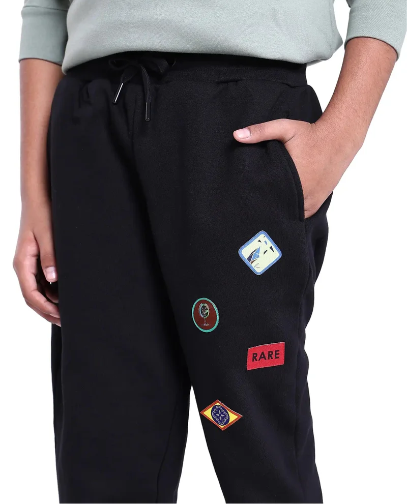Rare Ones Rare Ones Kids Karo Black Cotton Poly Drawstring Applique Trackpant
