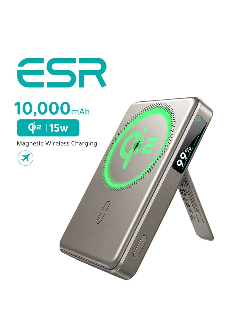 اي اس ار ESR بطارية شحن ماج سيف متنقلة 10000mAh (Qi2 معتمد) شحن سريع 15 واط، مع مسند قابل للطي، شاشة LED، شاحن MagSlim 27 واط، تيتانيوم 10000 mAh - Image 1