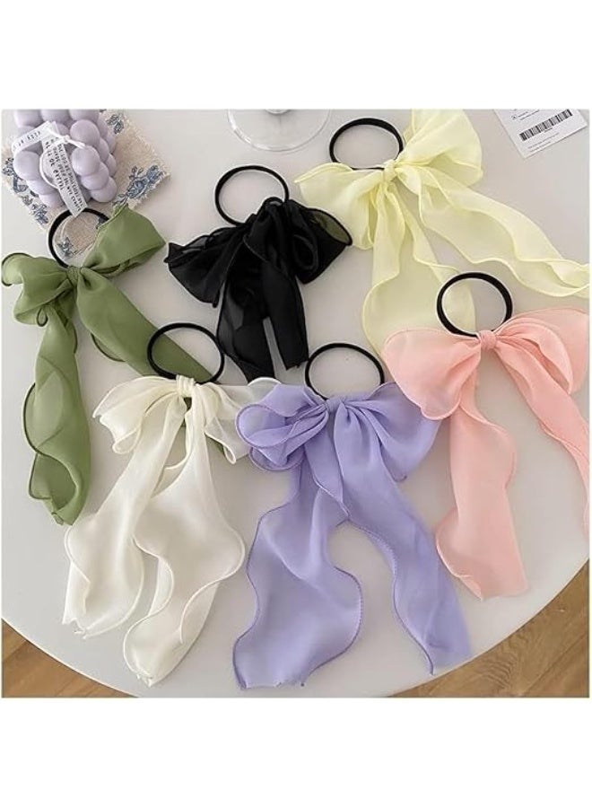 6Pcs Bow Hair Ties, Ribbons Scrunchies, Women Girls Scarf Scrunchie, Chiffon Bowknot Bunny Ear Scrunchy Long Tail Ponytail Holder, Summer Hair Bands, Hair Accessories with Bow - Image 1
