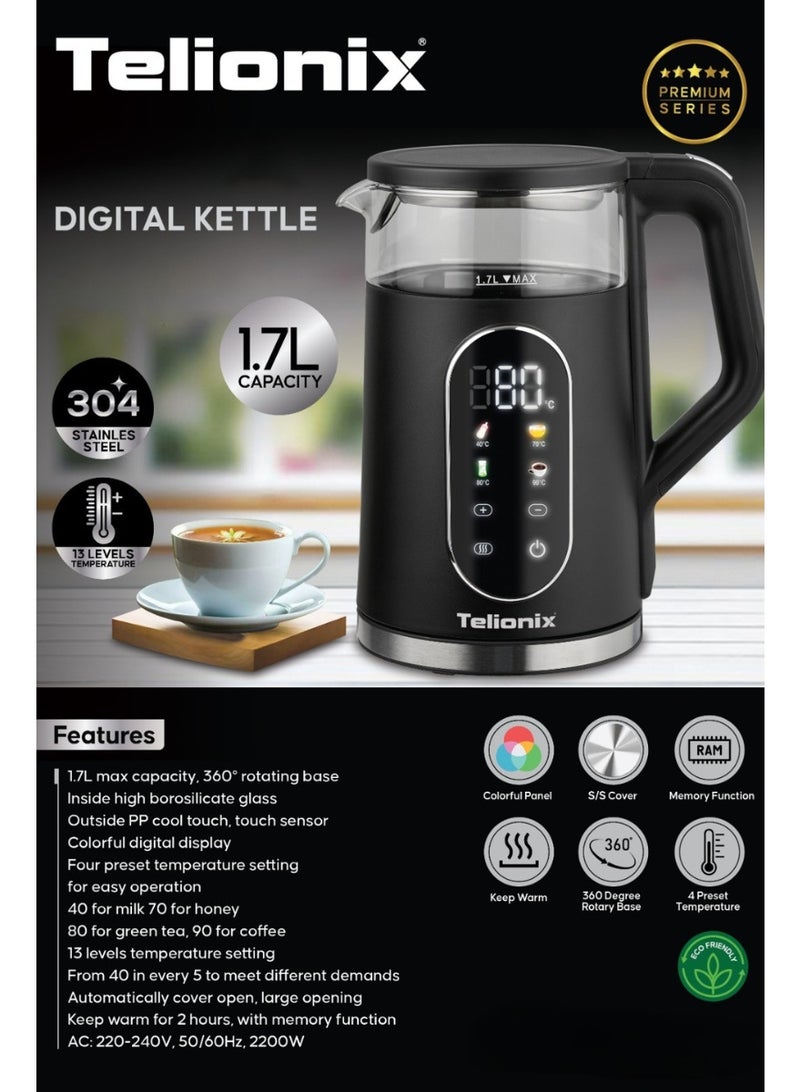Telionix Digital Kettle, 1.7L Capacity, 360° Rotating Base, Borosilicate Glass, 13 Temperature Levels, Keep Warm, 2200W Power - Image 2