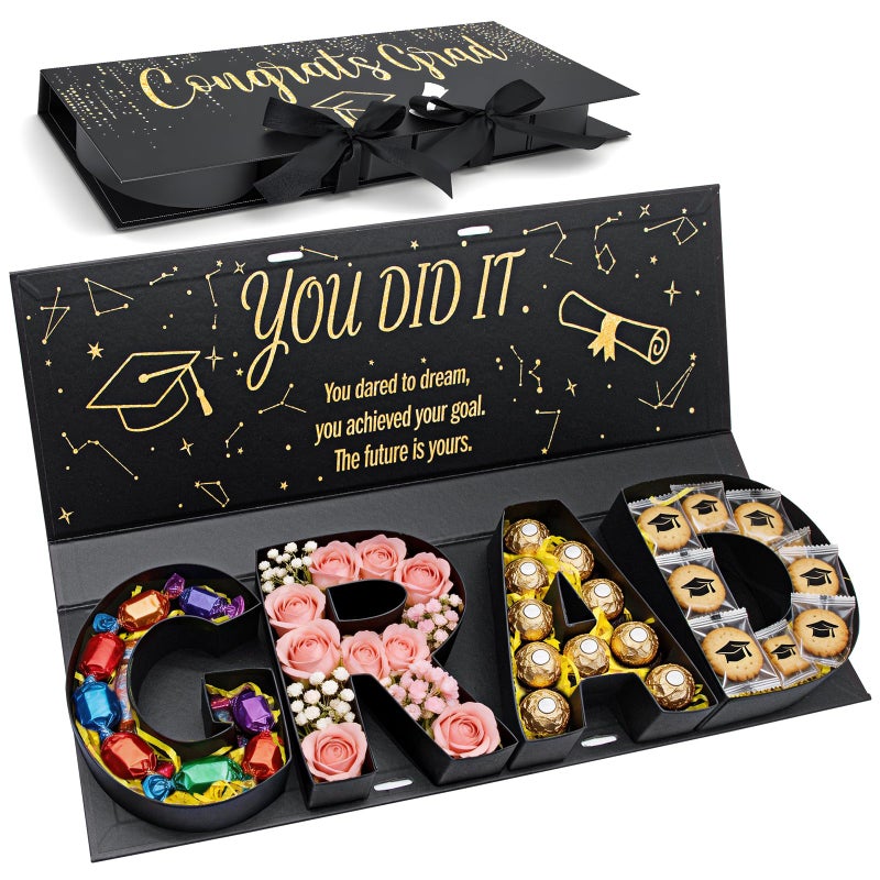 MJuAn Graduation Gift Box 2026,GRAD Letter Shaped Fillable Cardboard Box for Graduation Gifts, Snacks, Flowers & More,Includes Ribbon and Raffia,DIY Graduation Gift Ideas Boxes,Perfect Graduation Decor for High School or College Grads - Image 1