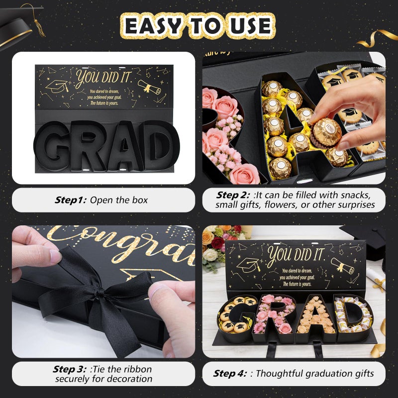 MJuAn Graduation Gift Box 2026,GRAD Letter Shaped Fillable Cardboard Box for Graduation Gifts, Snacks, Flowers & More,Includes Ribbon and Raffia,DIY Graduation Gift Ideas Boxes,Perfect Graduation Decor for High School or College Grads - Image 4