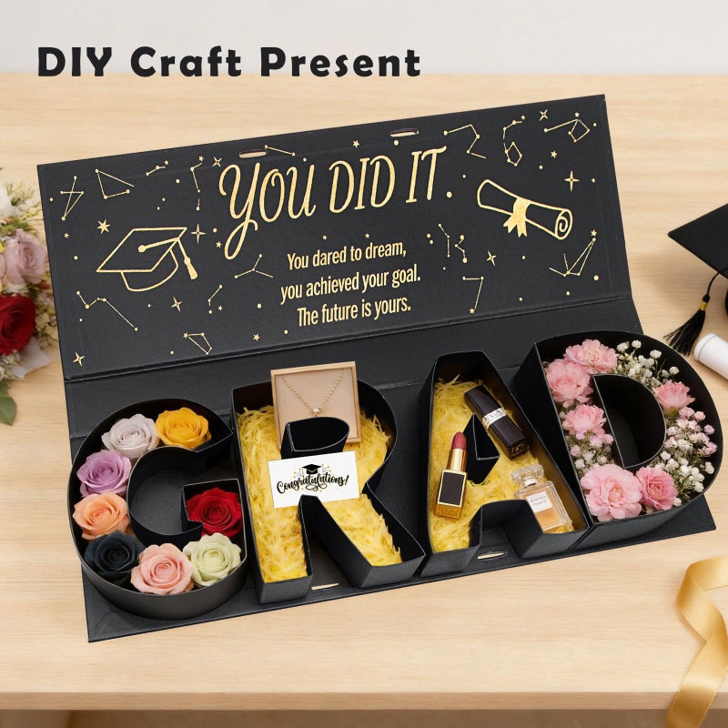 MJuAn Graduation Gift Box 2026,GRAD Letter Shaped Fillable Cardboard Box for Graduation Gifts, Snacks, Flowers & More,Includes Ribbon and Raffia,DIY Graduation Gift Ideas Boxes,Perfect Graduation Decor for High School or College Grads - Image 3