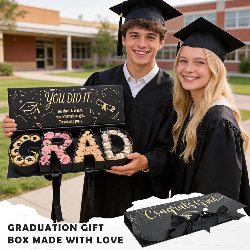 MJuAn Graduation Gift Box 2026,GRAD Letter Shaped Fillable Cardboard Box for Graduation Gifts, Snacks, Flowers & More,Includes Ribbon and Raffia,DIY Graduation Gift Ideas Boxes,Perfect Graduation Decor for High School or College Grads - Image 2