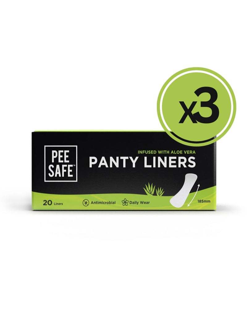 PEESAFE PeeSafe Daily Panty Liners with Aloe Vera, Curvy design for extra comfort, Cottony-Soft surface, Antibacterial, 185mm wide - 20 liners - Pack Of 3  - Image 1