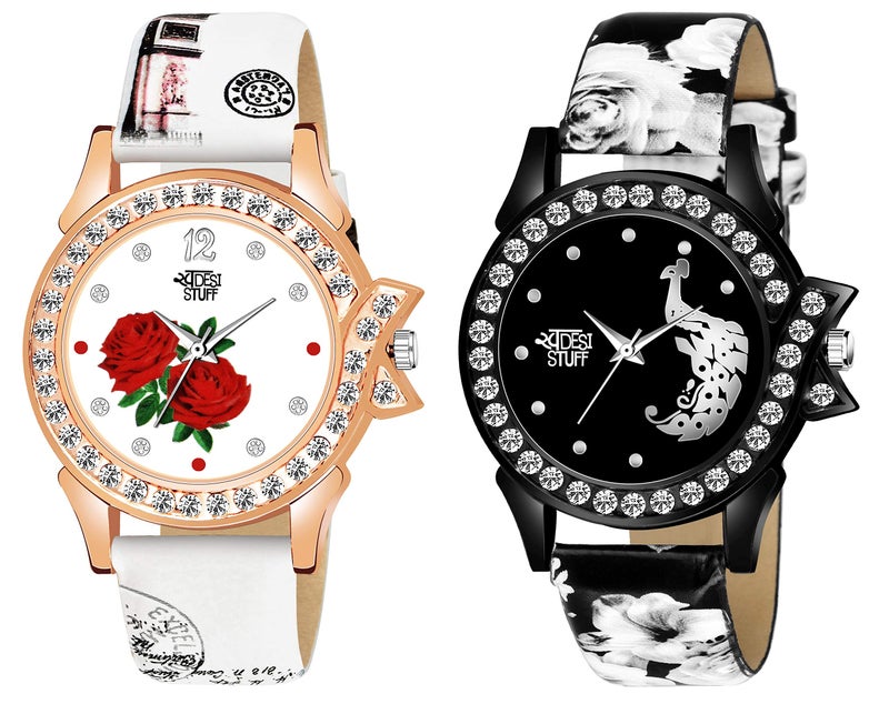 SWADESI STUFF White & Black Color Analogue Watch For Women & Girls - Combo Of 2 Watches - Leather - Image 1