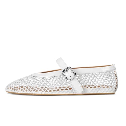 MICIFA Women's Mesh Ballet Flats Fishnet Ballerina Flats Buckle Strap Mary Jane Shoes Causal Daily Dress Shoes B-White - Image 4