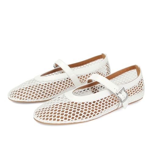 MICIFA Women's Mesh Ballet Flats Fishnet Ballerina Flats Buckle Strap Mary Jane Shoes Causal Daily Dress Shoes B-White - Image 1